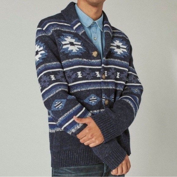 Lucky Brand Legacy Shawl Collar Button Front Cardigan Blue Aztec Print Size M - Picture 9 of 12